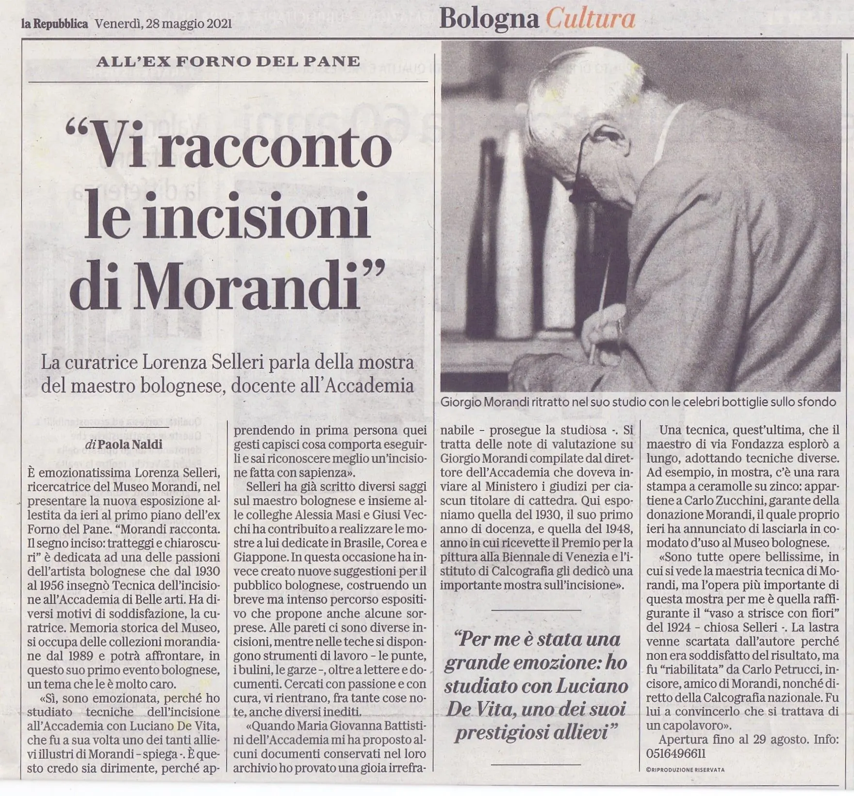«Vi racconto le incisioni di Morandi», rassegna stampa.