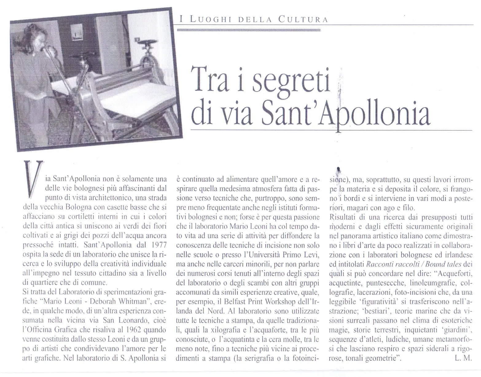 «Tra i segreti di via Sant'Apollonia»: il laboratorio Mario Leoni – Deborah Whitman.