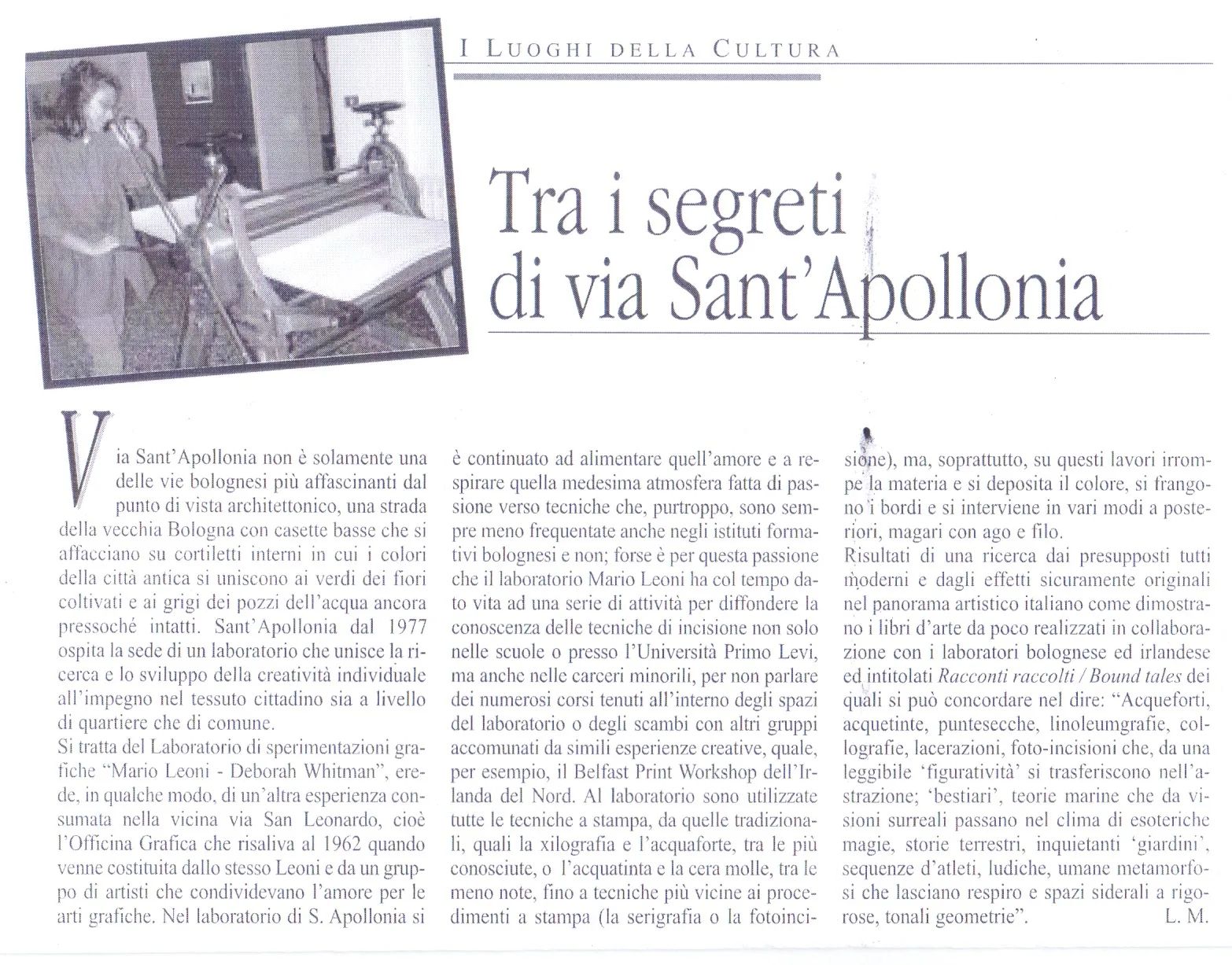 Articolo di giornale intitolato «Tra i segreti di via Sant'Apollonia»