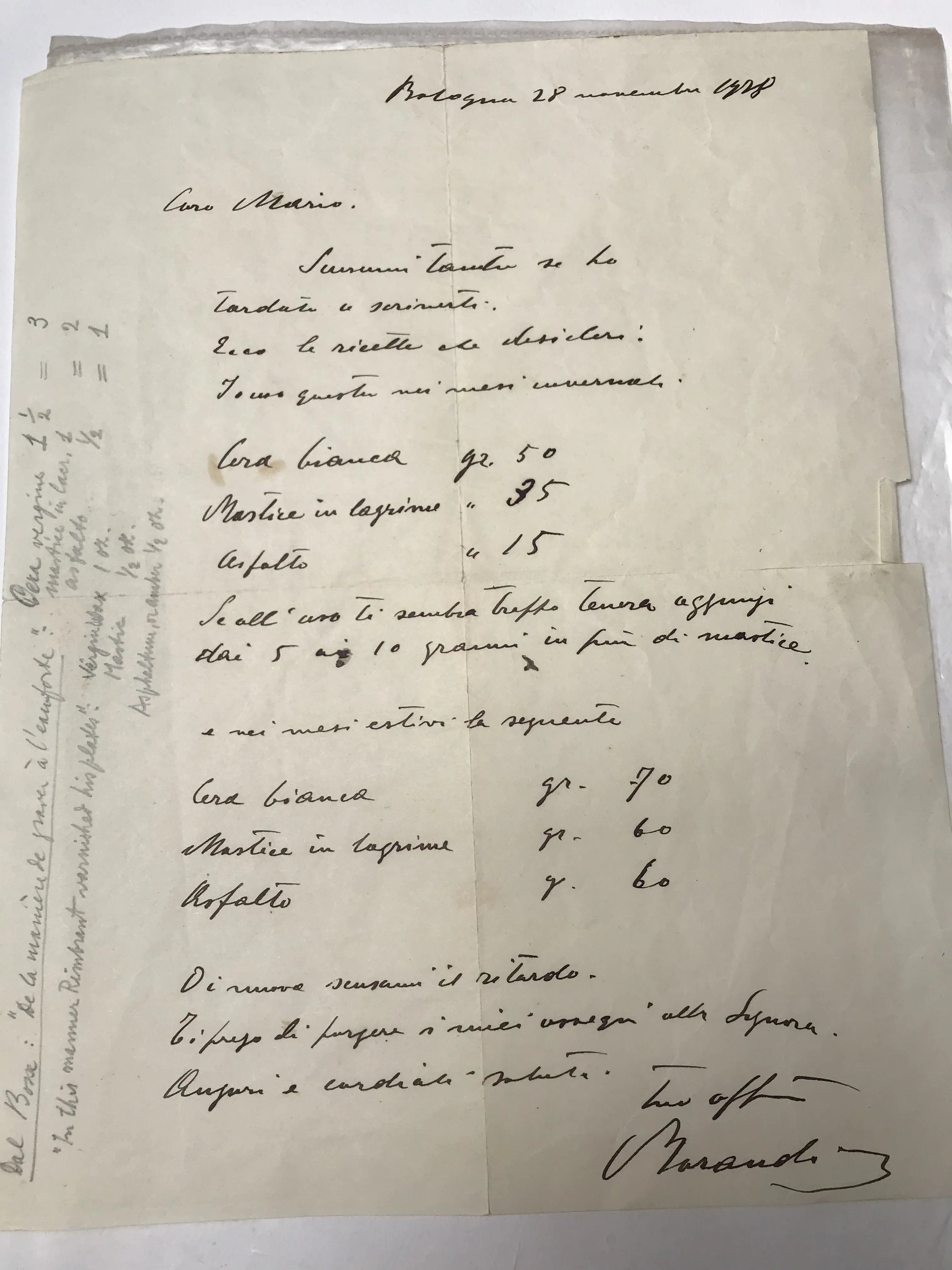 Lettera autografa di Giorgio Morandi del 1928 all'amico pittore e incisore Mario Bacchelli
