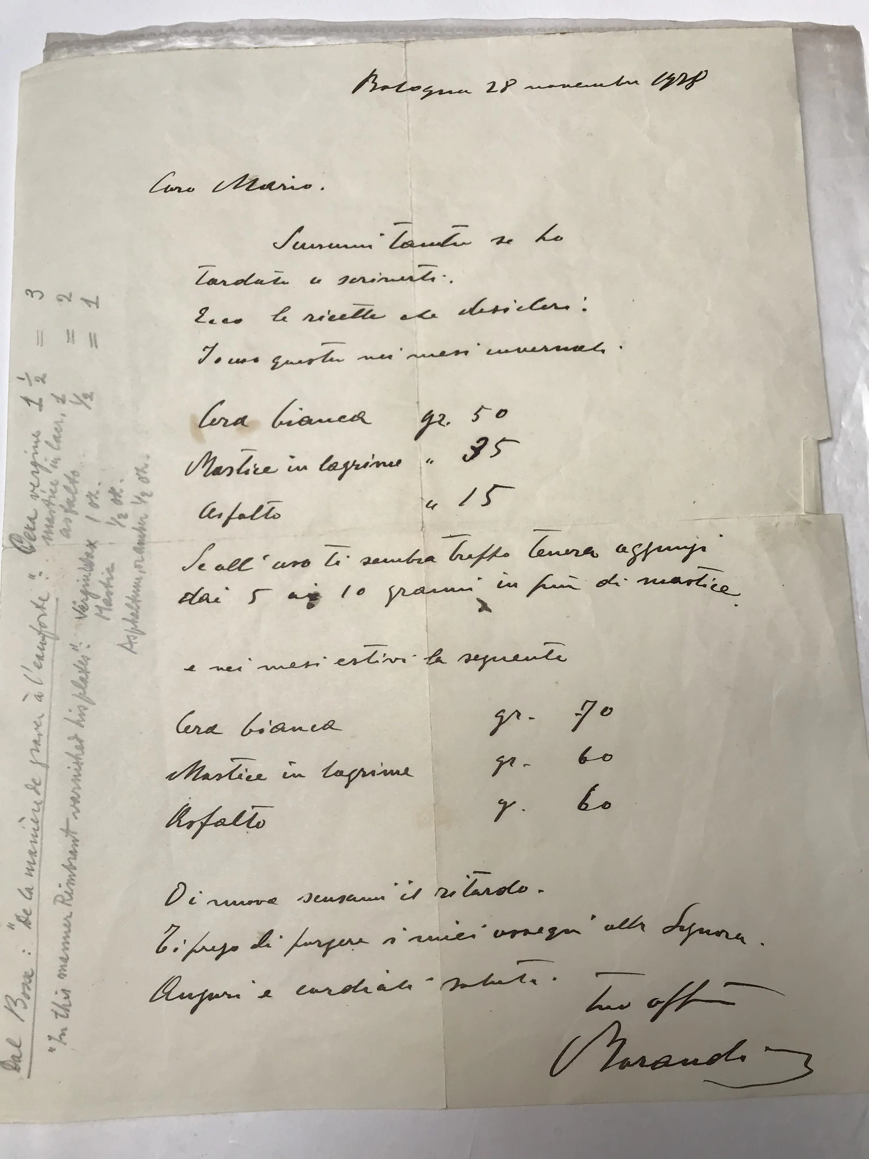 Lettera autografa di Giorgio Morandi a Mario Bacchelli, 1928.