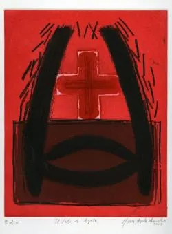 Opera dell'artista e docente dell'Accademia di Belle Arti di Bologna prof.ssa Maria Agata Amato, «Il velo di Agata». Acquaforte, acquatinta e puntasecca, stampata in tre colori: rosso, bordeaux e nero. Matrice mm 296 × 235.